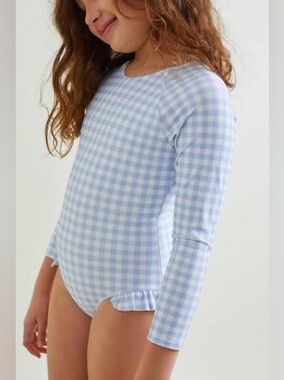 Girls Minnow Swim Long Sleeve Swimsuit in blue gingham. Size 9 / 10.